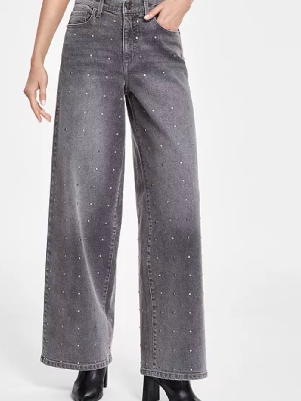 DKNY Gray Wide-Leg Embellished Jeans